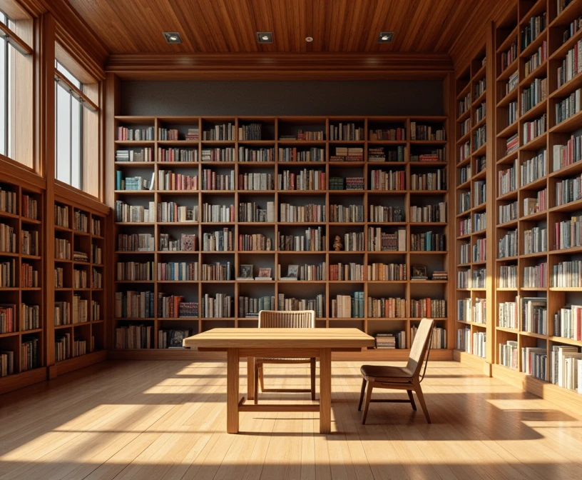 a modern library, dimly lit, low lighting, cozy atmosphere, warm lighting, bookshelf background, ambient lighting, minimal interior design, natural wood furniture, soft shadows, moody lighting, peaceful mood, intricate book details, refined aesthetic, elegant decor, atmospheric, photorealistic, 8k, high resolution, realistic