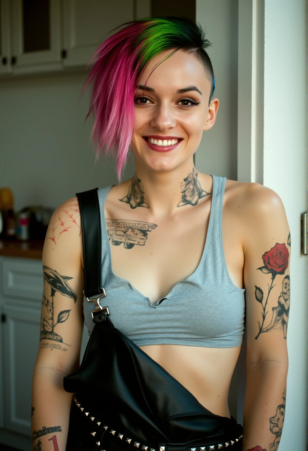 A candid photo of judy alvarez taken with a 2008 iPhone, capturing her upper body while she smiles warmly at the camera. She has a short, asymmetrical haircut with one side dyed bright pink and the other side green. Her skin is fair with a few tattoos visible on her arms and chest. She wears a light grey sports bra that reveals her midriff, and over it, she has on black leather overalls with a studded belt. The image has that nostalgic, slightly grainy quality typical of early smartphone cameras, with softer focus and subtle pixelation. The natural lighting and candid moment make it feel authentic and down-to-earth, showcasing her relaxed and friendly expression."