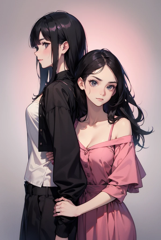 Create an image of two women standing side by side. The woman on the right is fair-skinned, wearing an off-shoulder pink dress, with long black hair reaching the middle of her back. She has a gentle, sweet face and a slight smile. The woman on the left is wearing a black jacket with a fitted black shirt and pants underneath. She has shoulder-length black hair, and her face is serious and intense