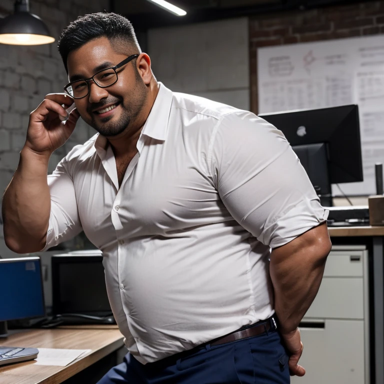 Man, Indian, 50 years old, Fat, Chubby, wearing glasses, Shirtless, a shirt unbutton, Unbutton your shirt, Unbutton, Shirtless, sitting in a chair, office, looking to the left, Top view, sharp image, beautiful lighting.