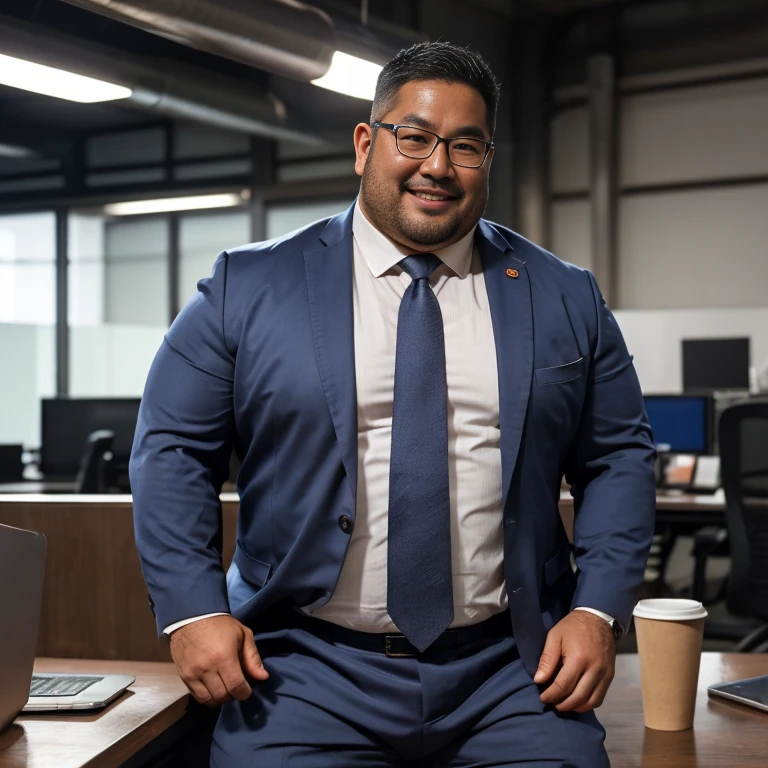  A slightly chubby Asian man is 40 years old , dad,   A man wearing a white suit shirt is standing , 10,000, Alone,   gray pants ,  Medium virtuous hair ,  natural nerdy hair ,  round face:2,  thick thighs, Detailed information,  at the office ,  coffee break , Details ,  is anatomically accurate,  This image was taken with a medium telephoto lens,  dark warehouse at night ,  smiles softly , He opens his mouth slightly ,  orgasm face , sexual humiliation , glasses, delicate hands, 