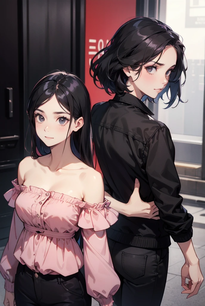 Create an image of two women standing side by side. The woman on the right is fair-skinned, wearing an off-shoulder pink dress, with long black hair reaching the middle of her back. She has a gentle, sweet face and a slight smile. The woman on the left is wearing a black jacket with a fitted black shirt and pants underneath. She has shoulder-length black hair, and her face is serious and intense