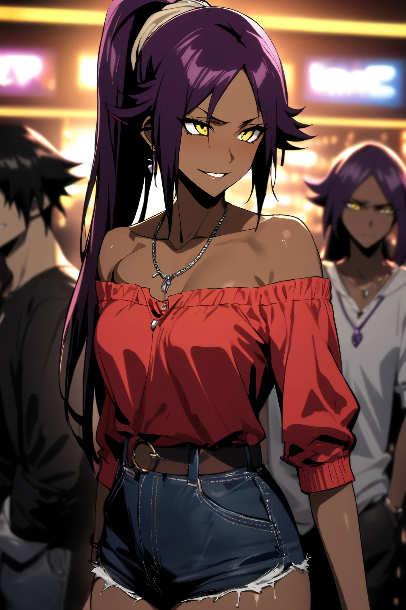 NSFW,masterpiece, top quality , High Definition , very detailed,Yoruichi Shihouin\(BLEACH\), long hair、 yellow eyes、 ponytail、Purple Hair、 dark skin 、 dark skin の女性, off-shoulder, Denim Shorts,belt, Casual , necklace,Earrings,Bad Smile,Nightlife