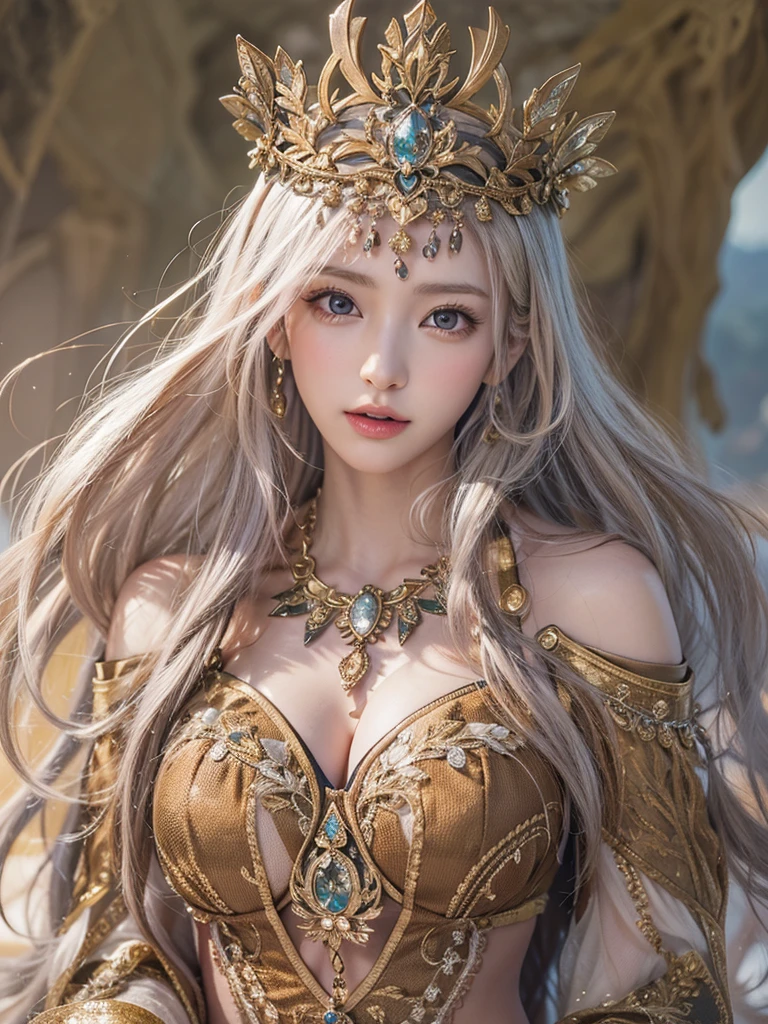 Girl, spellcaster, gold and silver uniform, silver hair, wear tiara, round face, detailed face, picture form top to knee, sexy pose, big chest, look at camera, camera from top to bottom, detailed, photorealistic, best quality, green background