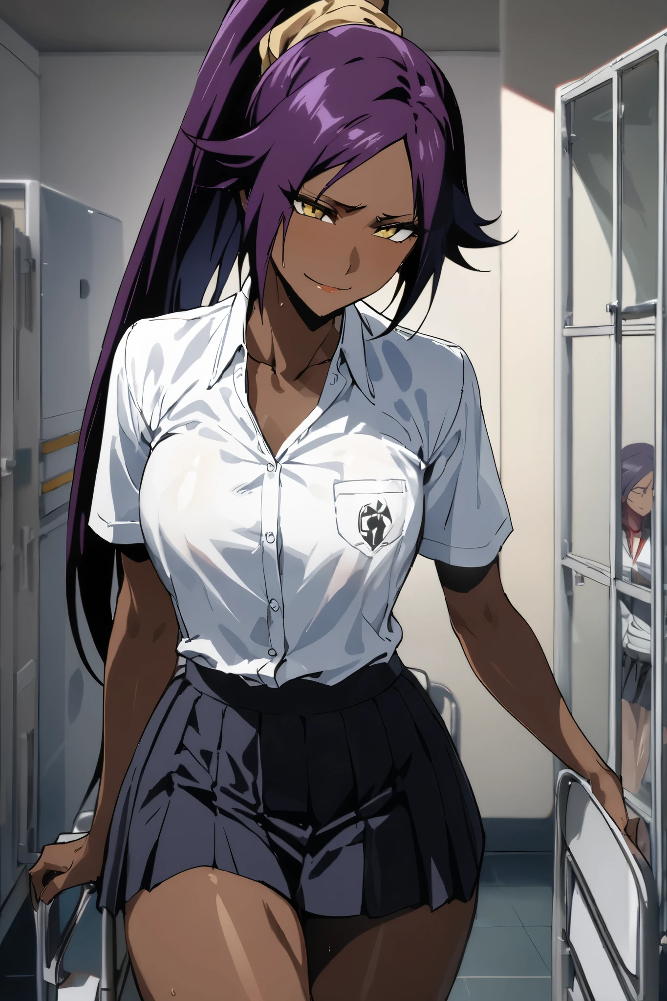 NSFW,masterpiece, top quality , High Definition , very detailed,Yoruichi Shihouin\(BLEACH\), long hair、 yellow eyes、 ponytail、Purple Hair、 dark skin 、 dark skin の女性, school uniform, dress shirt, miniskirt,School,Health Room,Bad Smile