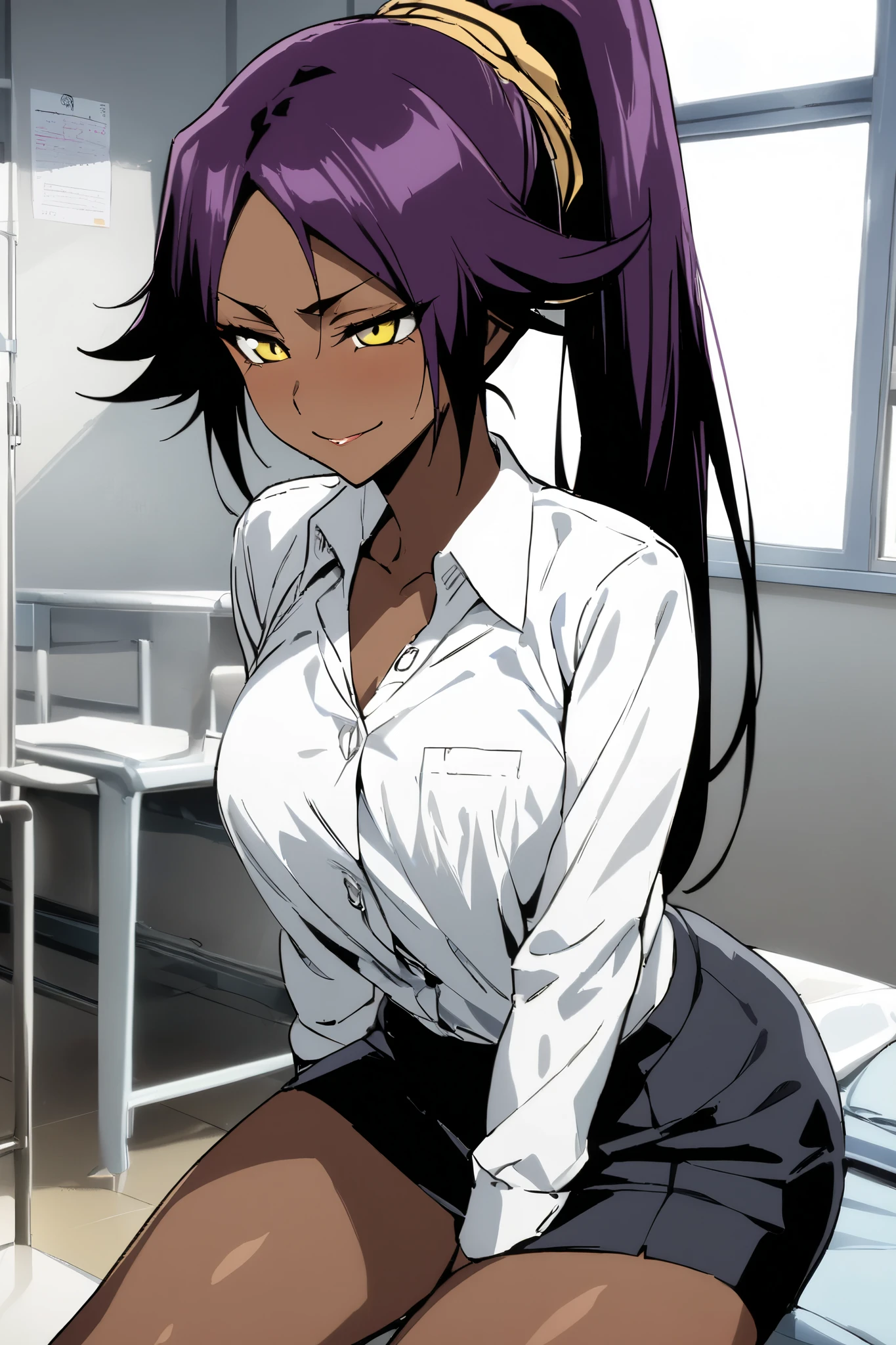 NSFW,masterpiece, top quality , High Definition , very detailed,Yoruichi Shihouin\(BLEACH\), long hair、 yellow eyes、 ponytail、Purple Hair、 dark skin 、 dark skin の女性, school uniform, dress shirt, miniskirt,School,Health Room,Bad Smile