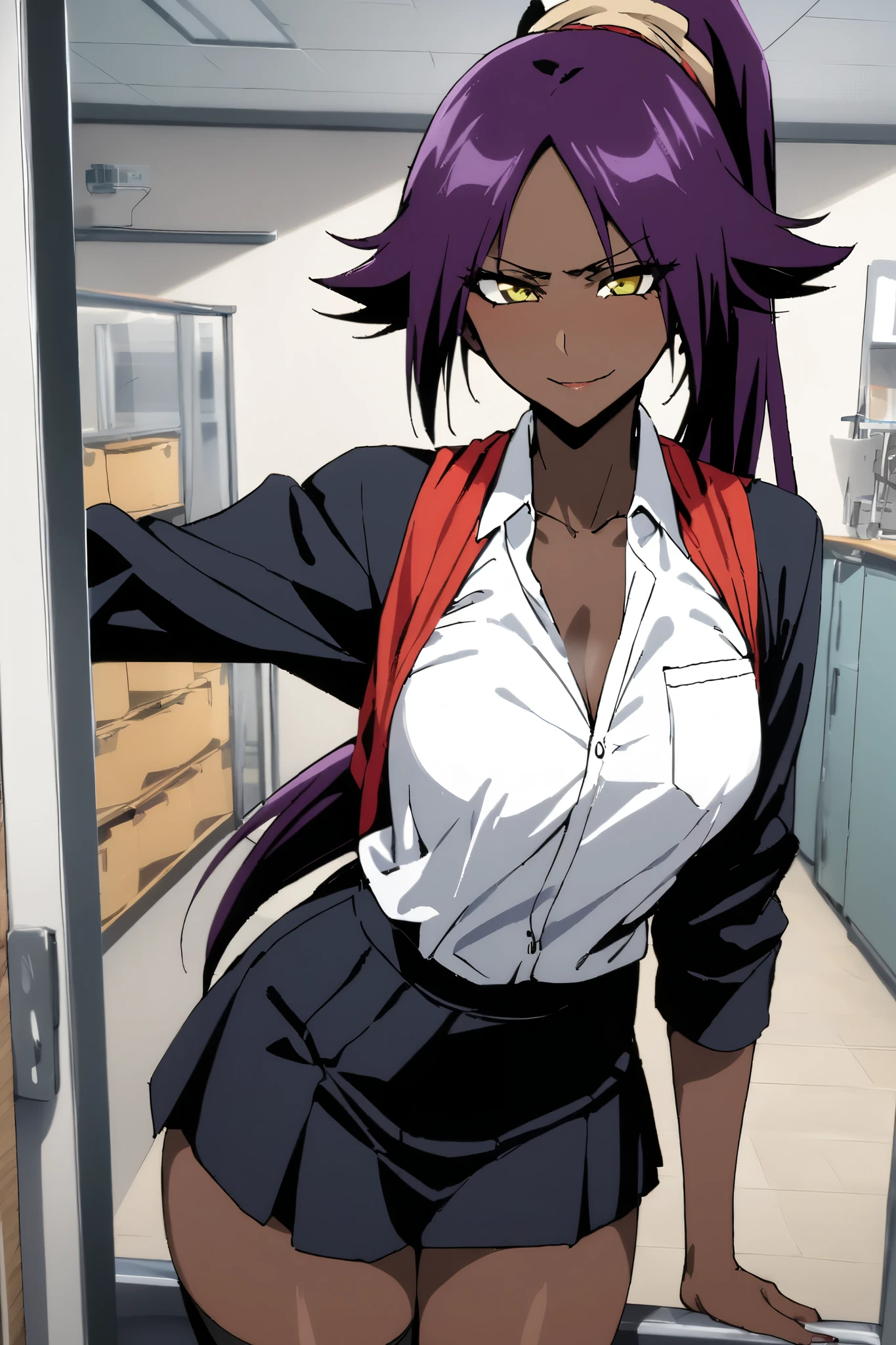 NSFW,masterpiece, top quality , High Definition , very detailed,Yoruichi Shihouin\(BLEACH\), long hair、 yellow eyes、 ponytail、Purple Hair、 dark skin 、 dark skin の女性, school uniform, dress shirt, miniskirt,School,Health Room,Bad Smile