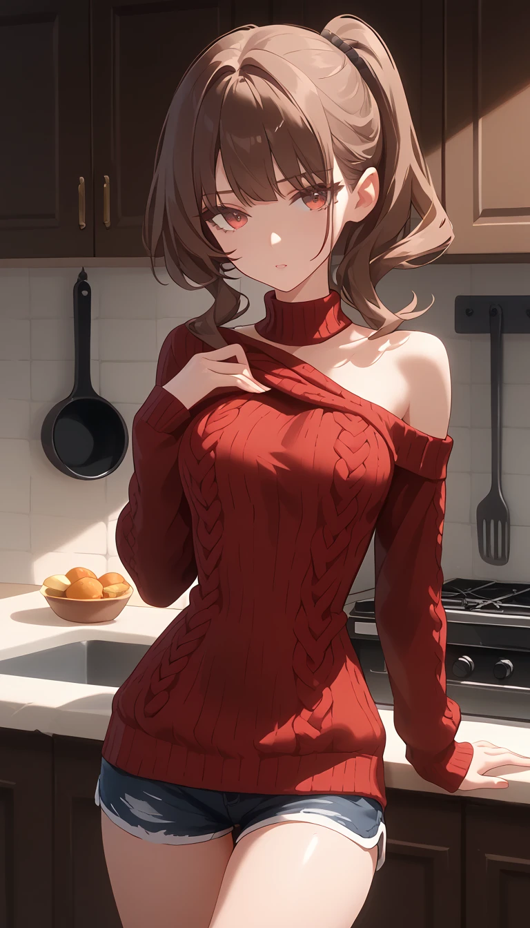   high definition   , One,  masterpiece fails,    top quality ,  duration, home sweater , thin sweater,  short shorts , long hair on the sides, brown hair, thin sweater, in the kitchen,  bare shoulders are visible,  seduces, burgundy sweater,  looks at the viewer , Cutie, hair pattern ,  smooth skin,  thin waist, smooth sweater, sex