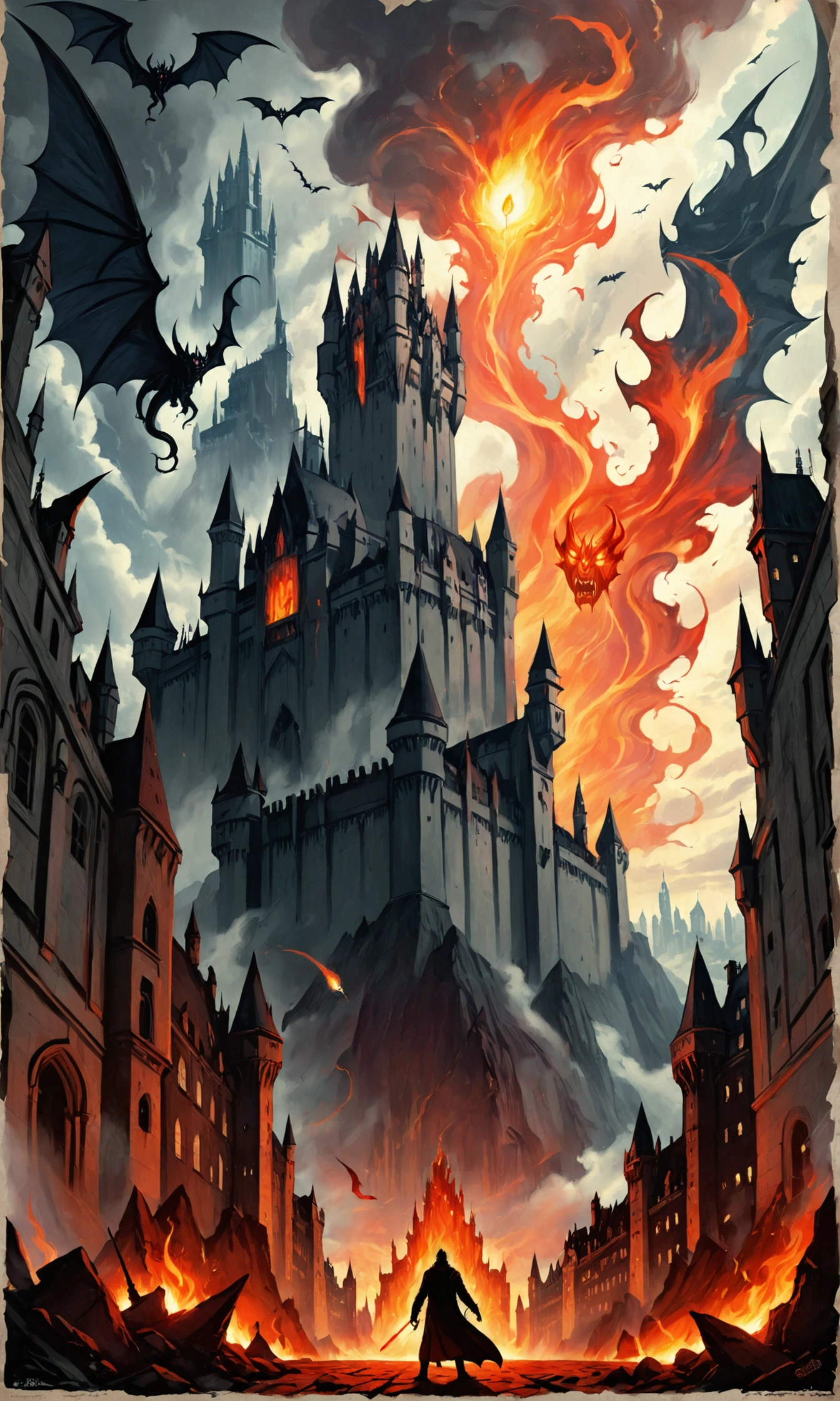 poster, drawing on parchment  ,  hand-drawn painting  ,  sci-fi landscape, movie poster ,  high quality,  cinematic  ,  masterpiece fails,  in the center on the edge of a high-rise building by a young sorcerer,  against the background of a far Gothic castle with demons ,  around shards of buildings and fire, dynamic events , fear and terror