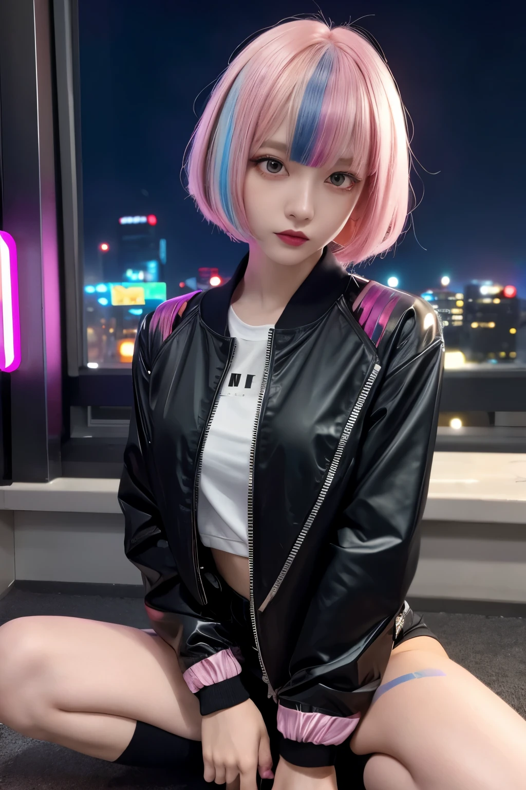 Dystopian night scene, very intricate details, Japanese woman wearing model-like armor, beautiful face, legs, cylinders that look like muscles, pose in motion, 8k, ultra high resolution, super realism, realistic photo, taken with Fuji film X-T30.+Nokton. HDR10