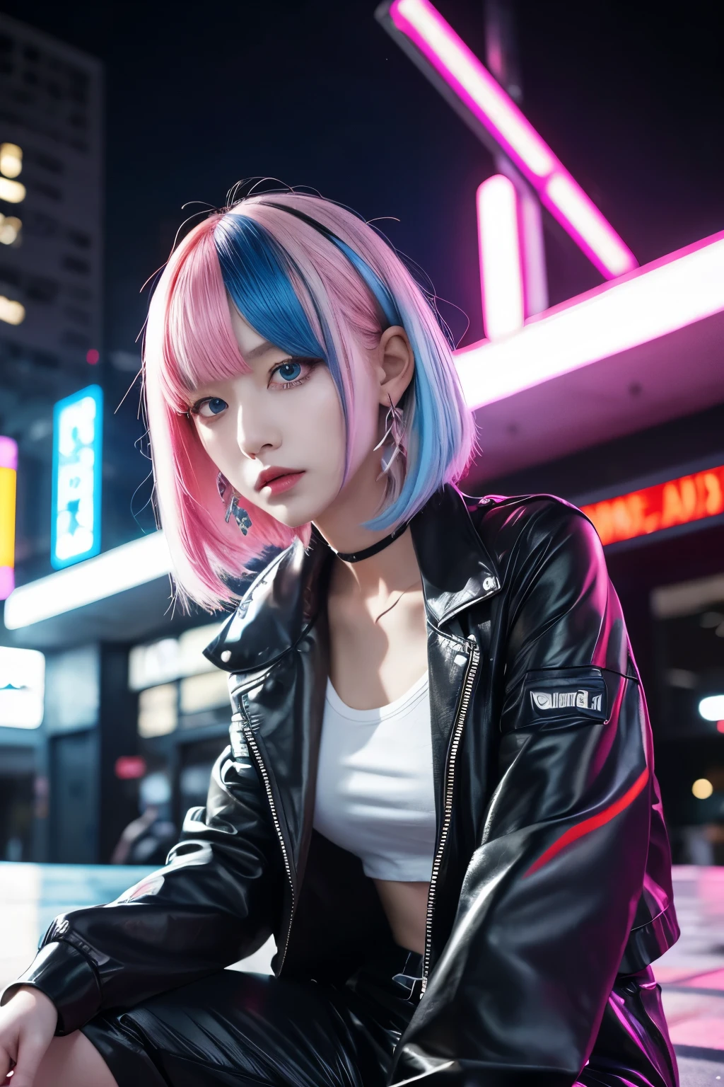 Araffe girl with pink hair and blue eyes sitting on a curb - SeaArt AI