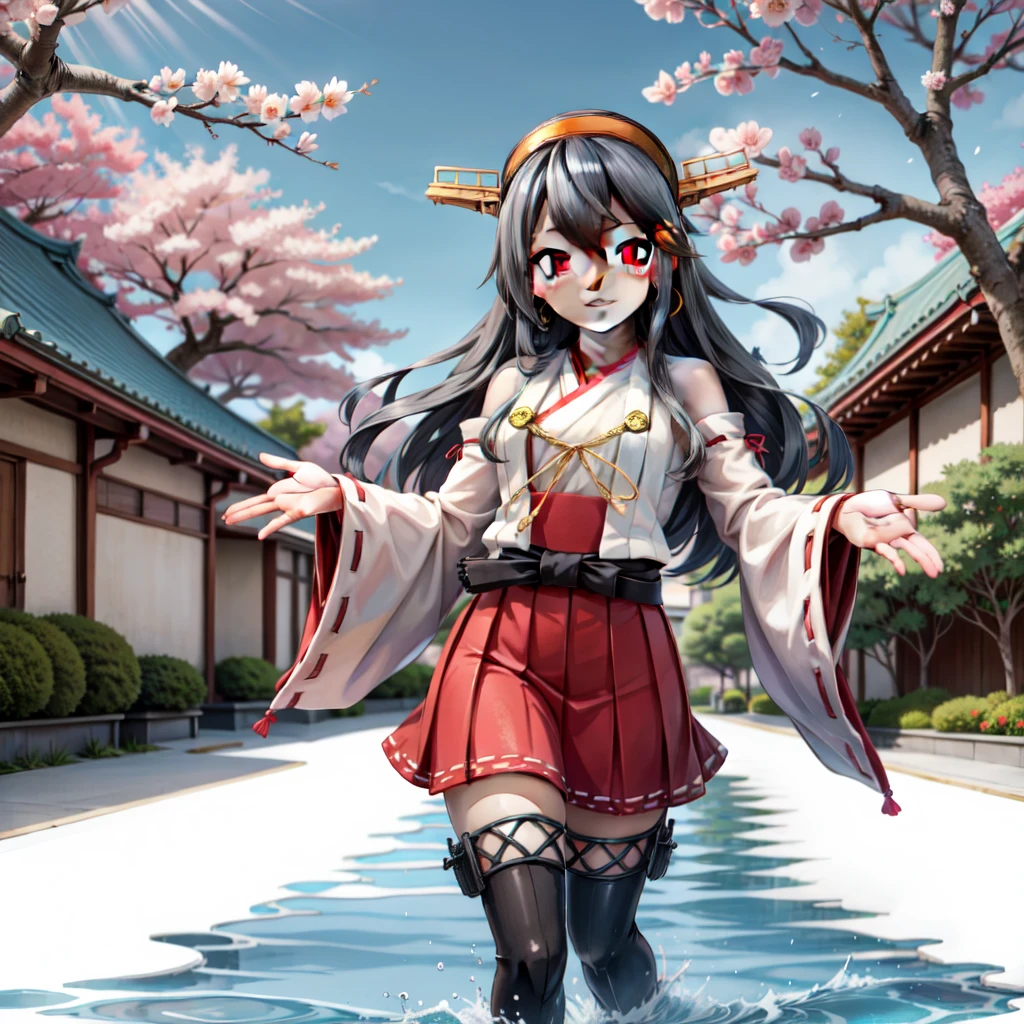 1girl, solo, best quality,  flat color, full body,  tachi-e, white background, 
Haruna \(Kancolle\), black hair, hairclips, gold eyes,  smile, 
HarunaOG, headgear, hairband, nontraditional miko, bare shoulders,  wide sleeves, detached sleeves,  waist bow, (red skirt, hakama skirt), thighhigh, thighboots, water,  east asian architecture, cherry blossoms, tile floor, 
 