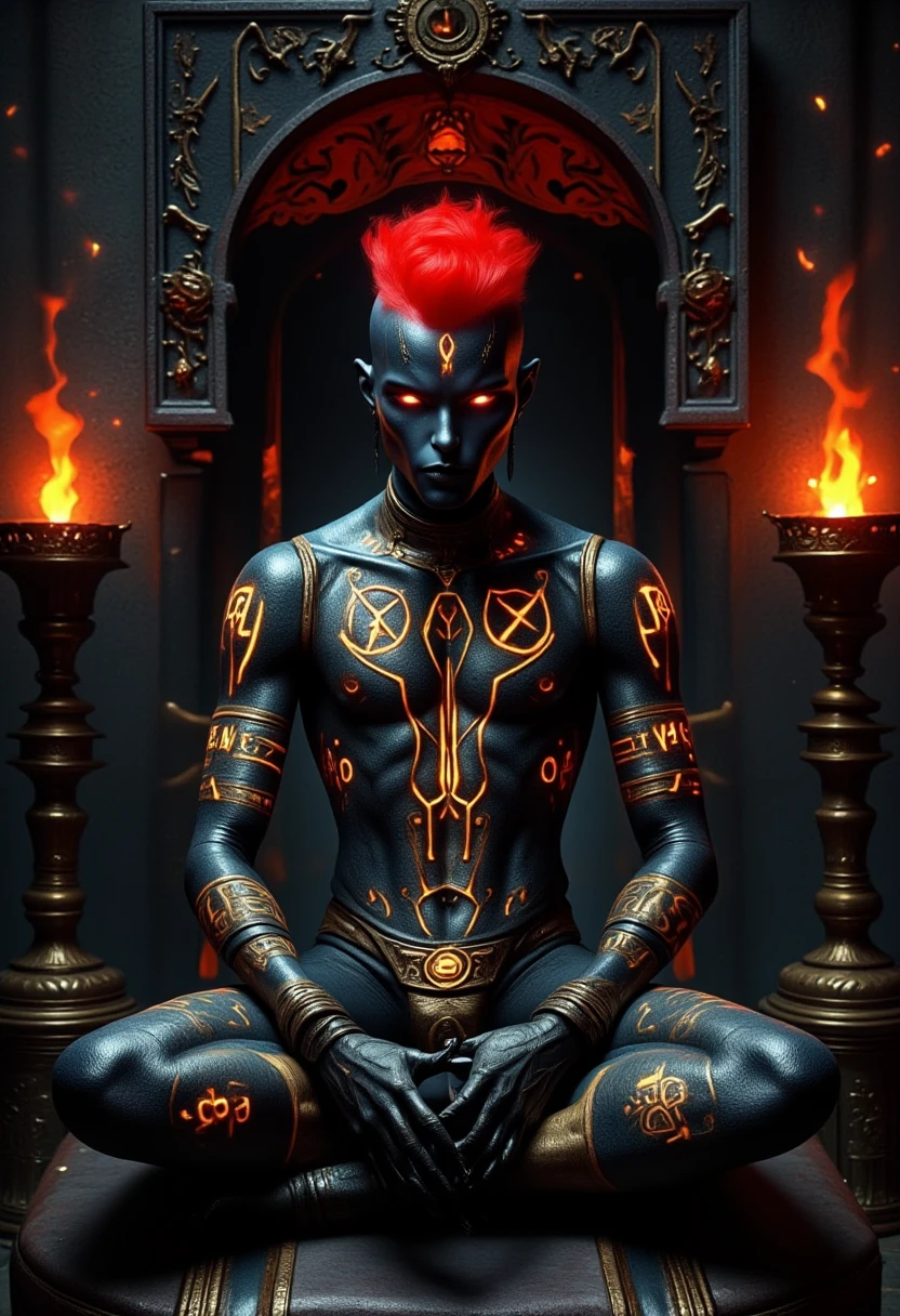 ((masterpiece)) ((photography)) ((Highest quality)) A highly detailed and artistic illustration of a demon with a red punk mohawk, sitting cross-legged in a contemplative pose reminiscent of Rodin's "The Thinker." The demon's expression is grave, with its torso adorned by intricate scarification-like patterns in relief, partially concealed by a painted black and gold outfit featuring complex motifs. The rest of its body is covered with similar detailed patterns, and it wears black gloves on its clawed hands. The demon gazes intently at a torch with incandescent flames in shades of red, orange, yellow, and gold. Behind it stands a black monolith adorned with intricate, glowing designs, adding a mystical and ominous atmosphere to the scene.