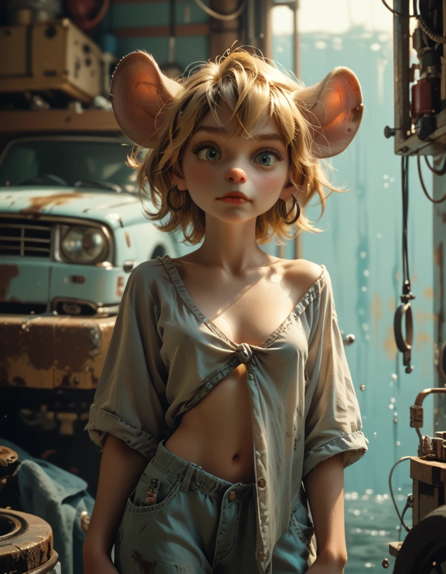 score_9, score_8_up, score_7_up, score_6_up, score_5_up, score_4_up, anthro mouse gadget hackwrench, blonde hair, deep cleavage, small breasts, nips, loose clothes, mechanic clothes