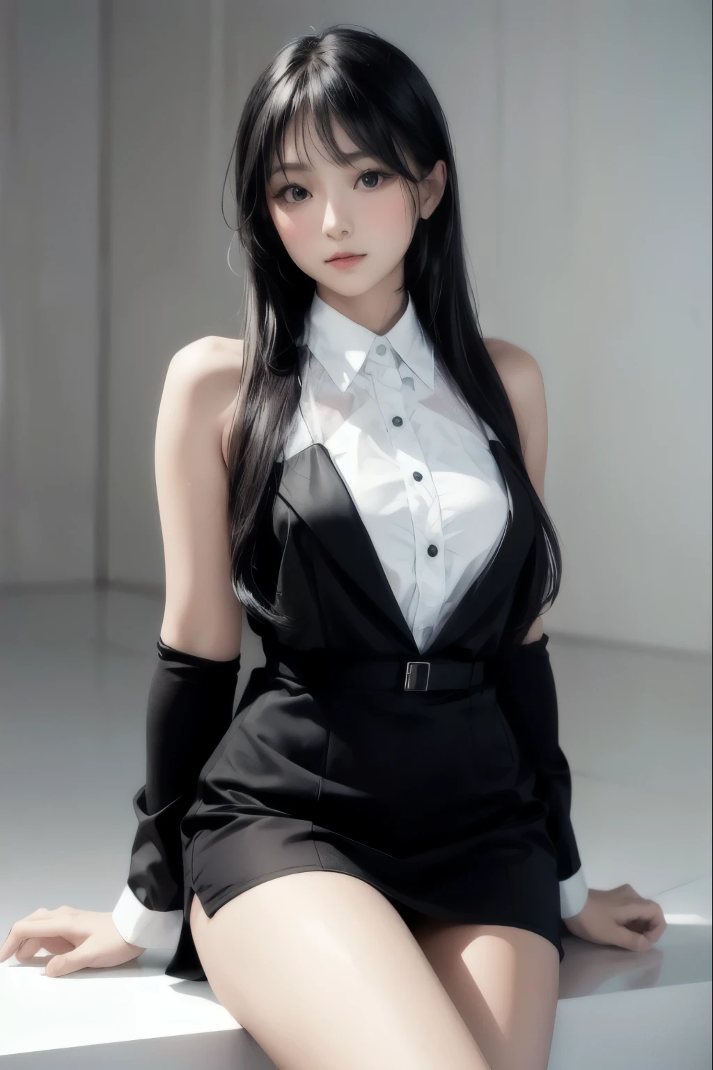 masutepiece, Highest Quality, 8K, Woman in black top and black skirt poses for photo, Black short skirt, Wearing black silk, Tied with a ball head, Tied with a ball head, Suit in smooth and tight clothes, Sunny, Wearing a low-cut vest, Wearing a suspender vest, Wearing a camisole in a vest, wearing a vest, Wearing a white camisole vest, Gorgeous young korean woman sitting wearing crop top, Background Office, Wearing black silk, Wearing black silk