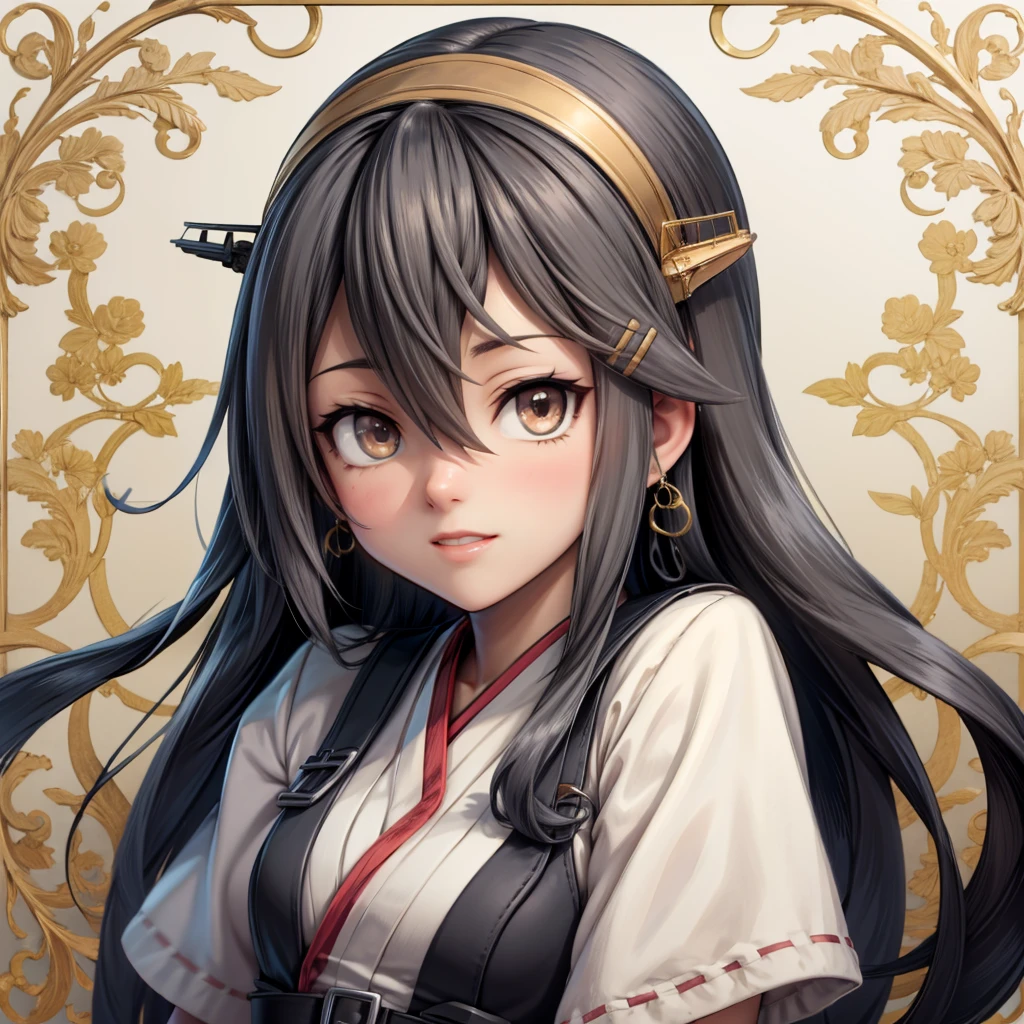 Haruna \(Kancolle\), black hair, hairclips, gold eyes,