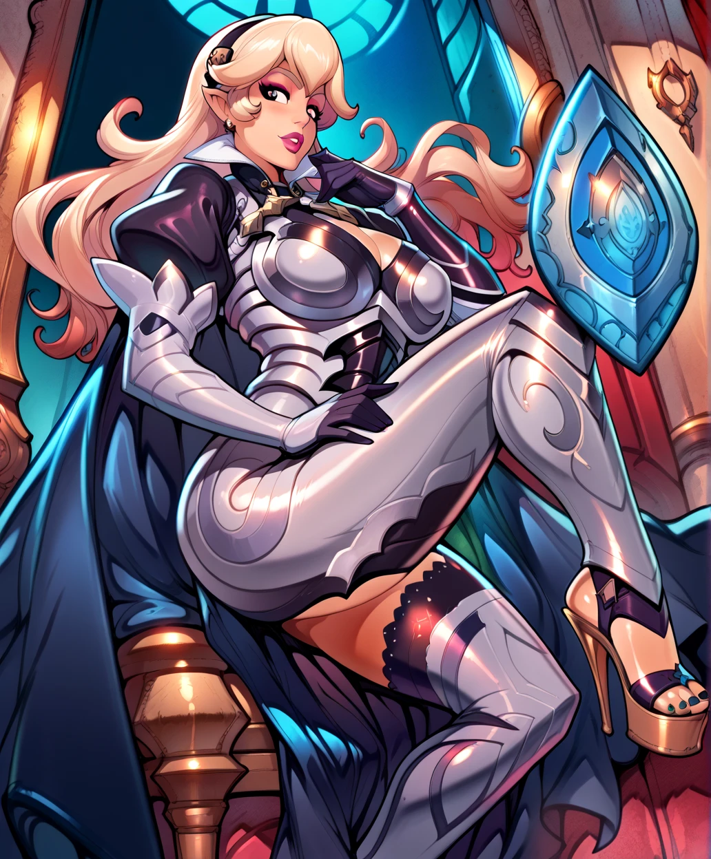 score_9, score_8_up, score_7_up, score_6_up,, BREAK, defCor, black hairband, armored dress, blue cape, puffy sleeves, juliet sleeves, vambraces, black gloves, armored legwear, big breasts,reiq art style,wearing open toe platform heels 