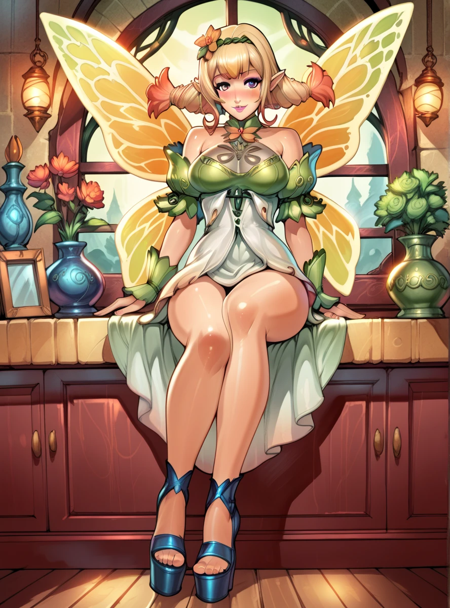 score_9, score_8_up, score_7_up, score_6_up, uncensored   peonyfe, 1girl, solo, wings, fairy wings, pointy ears, breasts, purple eyes, smile, , blonde hair, dress, multicolored hair, hair ornament indoors, sexy,reiq art style,blushing,puckered lips,wearing open toe platform heels,detailed,detailed face,thick legs