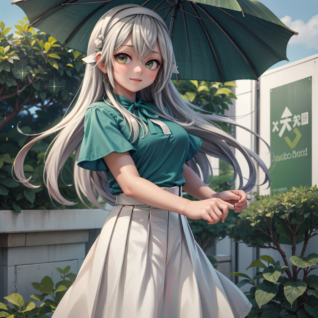 HarunaRain, white hairband,  (green shirt:1.5), short sleeves,  white skirt, pleated skirt,