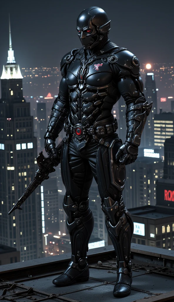  A black leather full-body image 、and a hood, Close-up of a hooded person in invisible armor . wears leather armor,  Tights.epic ninja suit, Rogue.Leather fit to cover the whole body. smooth leather .Boy Teenage Assassin , stealth suit ,  Cyberpunk assassin ,Standing on the roof of a skyscraper.Hand-held Composite Mechanical Longbow. black night . Dark atmosphere .Low light.Weak lights cast dramatic shadows. Weird cyberpunk atmosphere . cyberpunk city.Futuristic tech style 