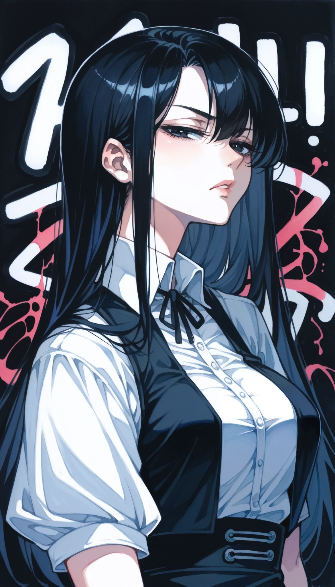 Anime girl with long black hair and white shirt and black vest - SeaArt AI