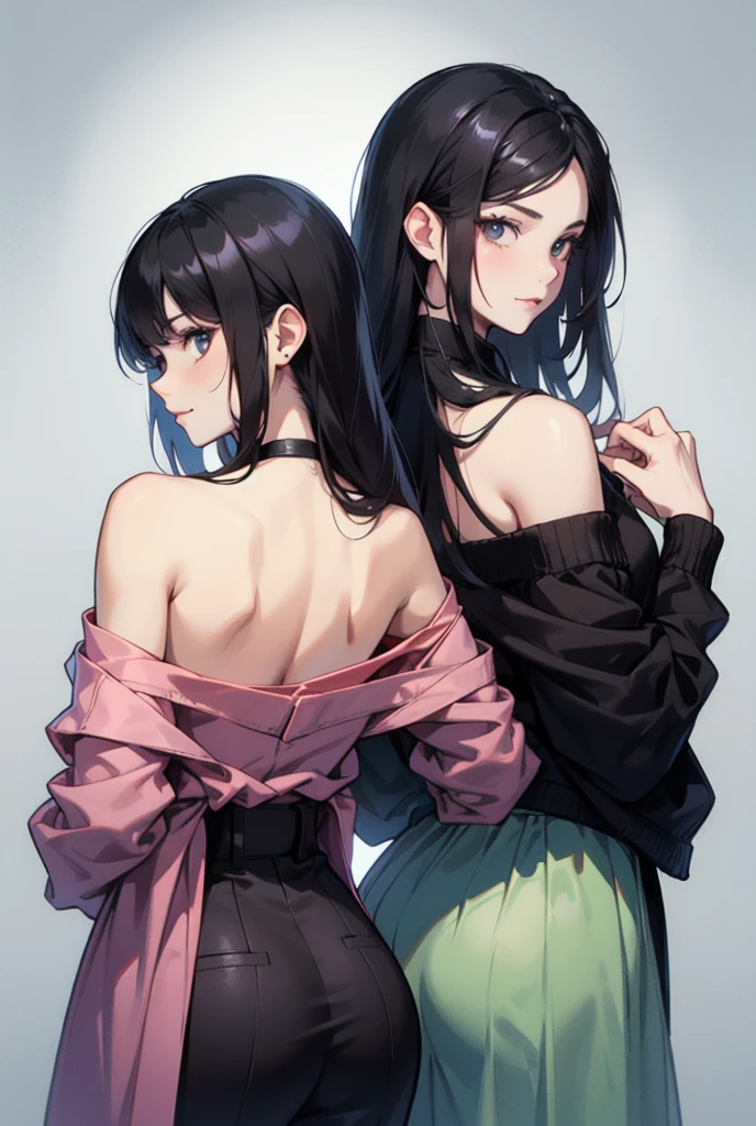 Create an image of two women standing side by side. The woman on the right is fair-skinned, wearing an off-shoulder pink dress, with long black hair reaching the middle of her back. She has a gentle, sweet face and a slight smile. The woman on the left is wearing a black jacket with a fitted black shirt and pants underneath. She has shoulder-length black hair, and her face is serious and intense