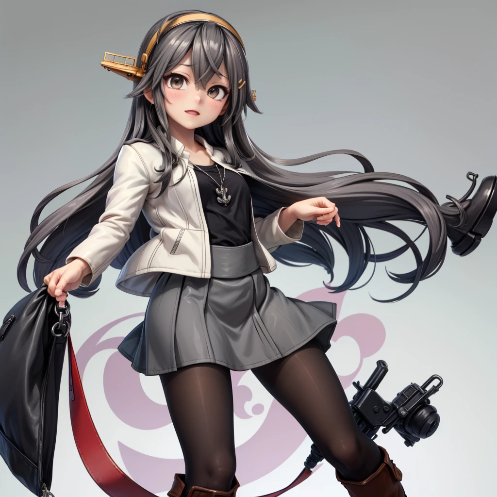 HarunaCausual, white hairband, anchor necklace, jewelry,  (white jacket, open jacket:1.2), black shirt,  long grey skirt, black pantyhose, black boots,