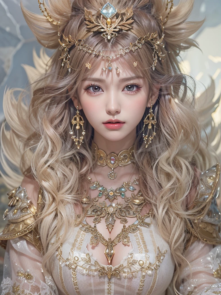 8k）、（best image quality:1.5）、gray background、close up of face、１girl、masterpiece、delicate and sharp eyes、brown eyes、eye power、delicate face、cup、attractive face、platinum blonde hair、Semi-long wave、yellow wedding dresses、yellow wedding dress、I can see the collarbone、gal、Emphasis on the clavicle、earrings、necklace