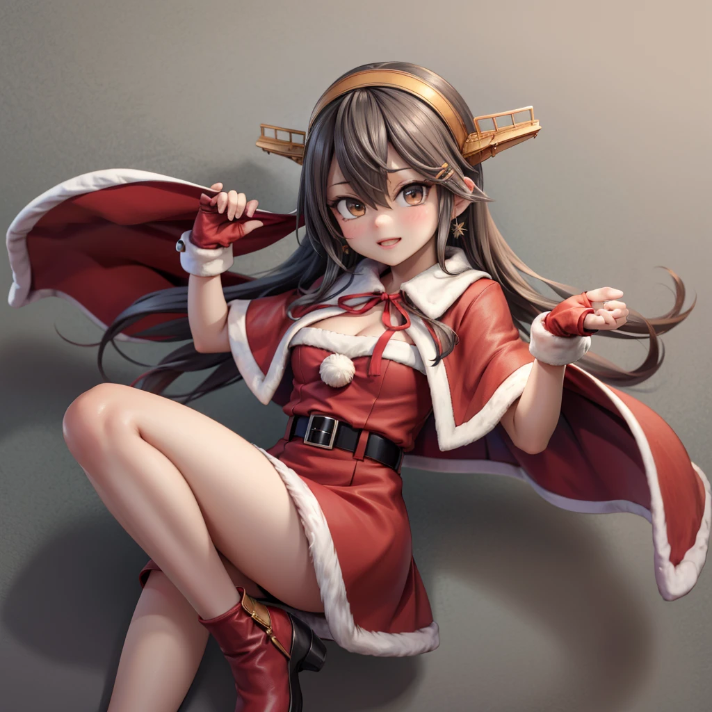 HarunaSanta, headgear, hariband, santa costume, breasts, cleavage, red capelet, red dress, fur-trimmed dress, fur-trimmed capelet,  fingerless gloves, red gloves,  belt, red leg wear, bare legs,