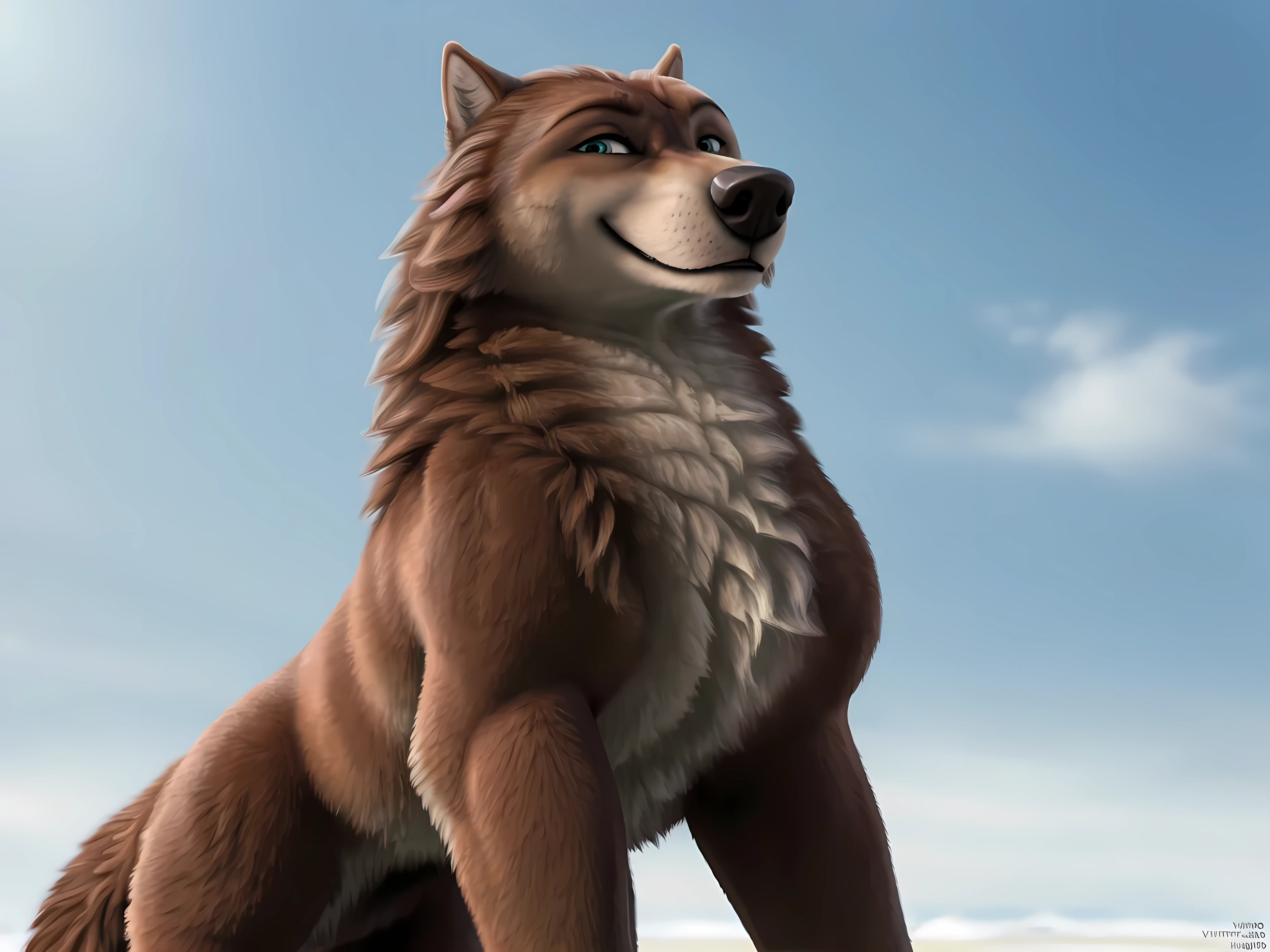 Garth, detailed fur, male, (feral, feral body):1.1, simple background, white background, standing on ice, confident, raised head, subtle smile, proud, wolf, half body, detailed eyes, solo, looking at viewer, strong chest, brown fur, low-angle shot, tail, posing, by virtyalfobo, by marjani,