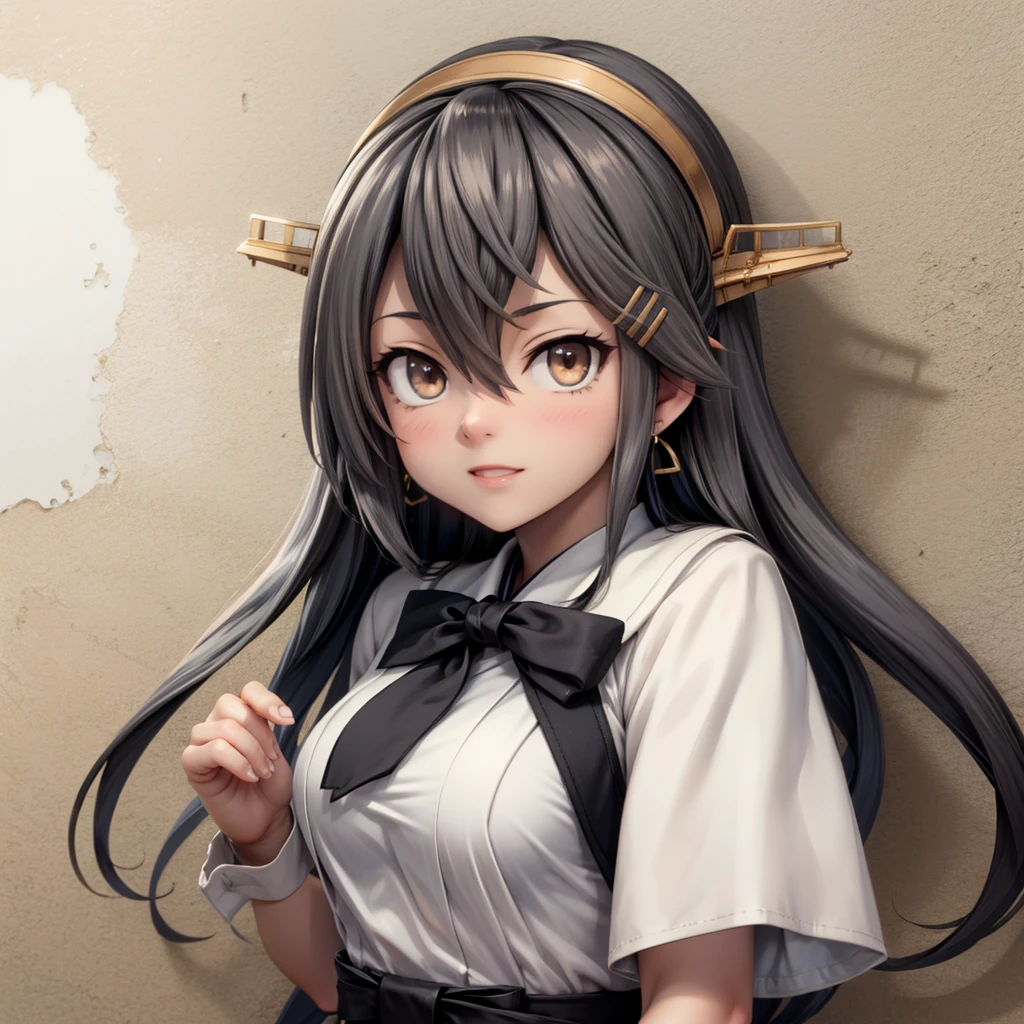 Haruna \(Kancolle\), black hair, hairclips, gold eyes,