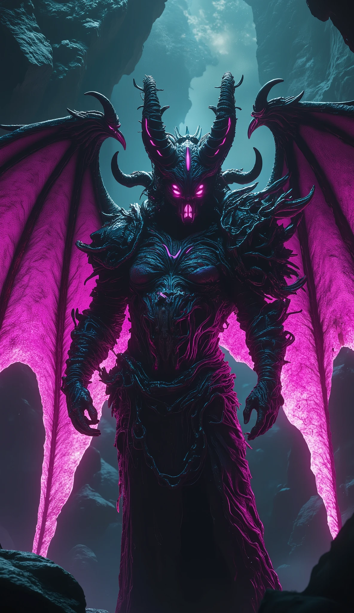 (best quality,4K,8k,High resolution,masterpiece:1.2),Super detailed,(actual,photoactual,photo-actual:1.37),evil devil,Possessing the power of the glowing purple abyss,Cast a Mystical Soul Spell,handsome devil,Giant jagged devil horns,Huge devil angel wings,dark and ominous atmosphere,sinister smile,Red eyes shine sharply,Demonic Aura,Charming purple mist,shadow background,epic dramatic lighting,otherworldly beauty,dramatic pose,fiery sulfur background