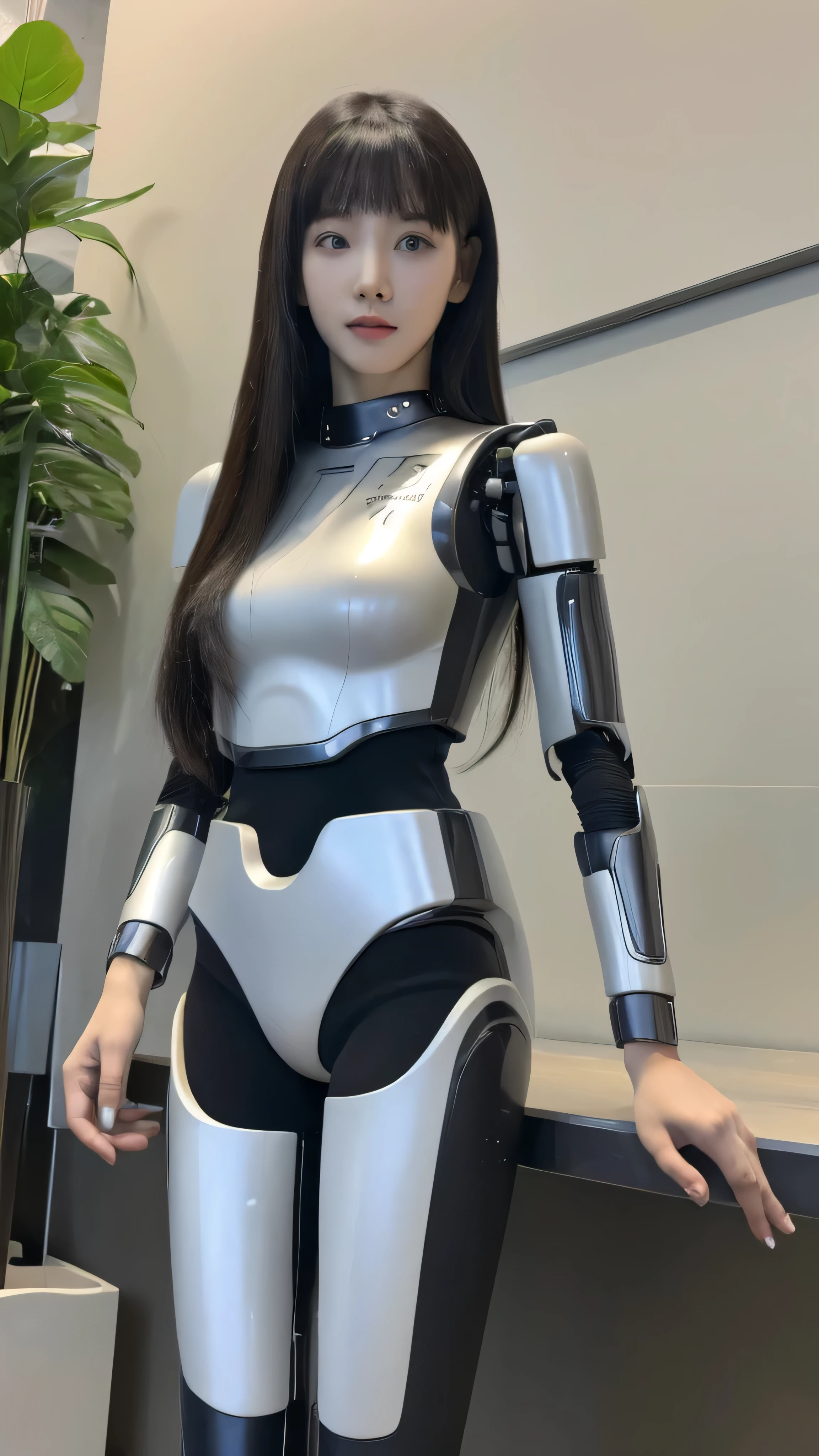 masterpiece, best quality, extremely detailed, (8K, 4K, Best Quality, hight resolution, A high resolution:1.1), 8K portrait,1girl in, Korean android girl, aespa karina, android teacher,Plump , control panels,android,Droid,Mechanical Hand, ,Robot arms and legs, Black hair,Mechanical body,Blunt bangs,White Robotics Parts,perfect robot woman,Charging spot,Long Tube,A thick cable was connected to her neck,ceramic body ,android,robot humanoid,a bit chubby,panty,full eyes,perfect mechanical body,white robotics body,future assembly plant,white body,She has repaired,black sponge joints,android assembly plant,android,laboratory,perfect machine body,white robot body, body by hrp-4c, face by aespa karina, aespa karina's face, blue eyes, sharp face shape, 20 years old, perfect nose shape, small nose, hrp-4c's body suit, robot suit from HRP-4C, face shape from aespa karina