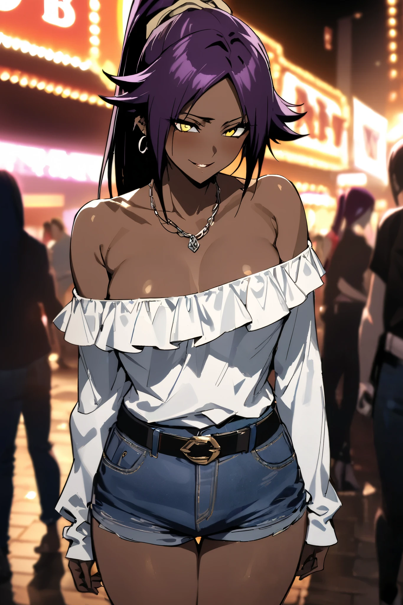 NSFW,masterpiece, top quality , High Definition , very detailed,Yoruichi Shihouin\(BLEACH\), long hair、 yellow eyes、 ponytail、Purple Hair、 dark skin 、 dark skin の女性, off-shoulder, Denim Shorts,belt, Casual , necklace,Earrings,Bad Smile,Nightlife