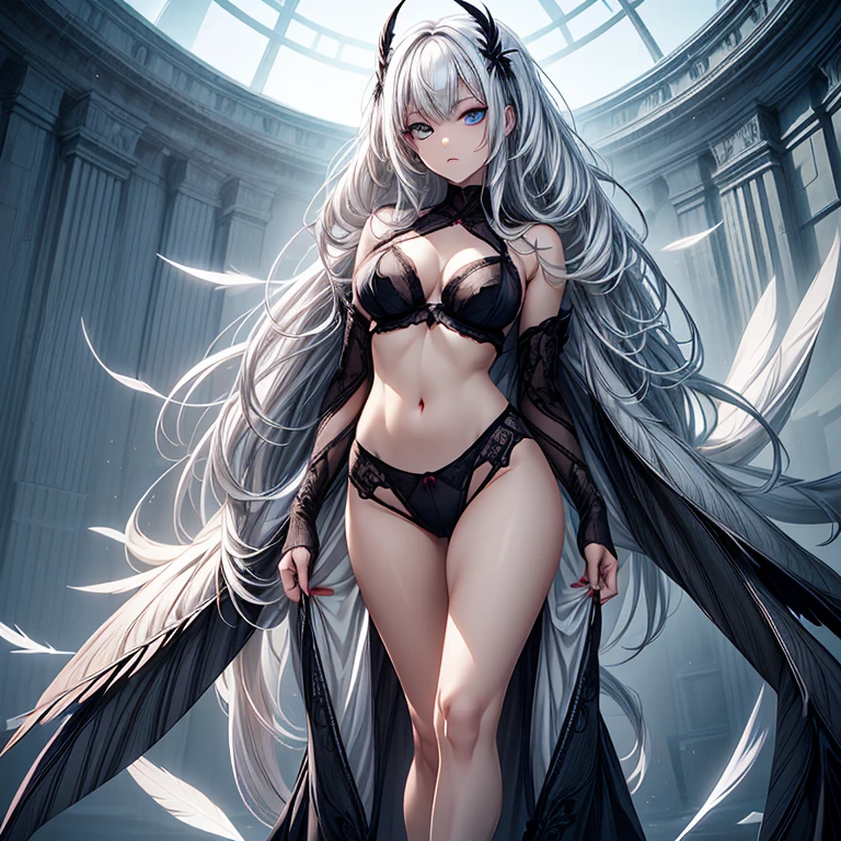 A silver-haired, dark-skinned woman in a black dress shirt and slim jeans　Belly button showing　Spread your legs　Hair down to shoulders