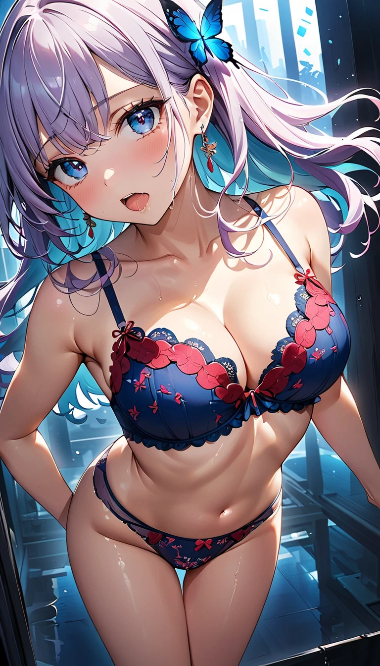  curly hair 、((Delicate embroidered bra with transparent red and dark blue butterfly pattern :1.4)、( Delicate embroidery panties with transparent green and dark blue butterfly pattern:1.4)) composition from above、Pillar of Light、thunder、rough background、（short gray hair :1.1）、Peeing、saliva、パンティーが wet 、oilskin.orgasm.oilskin.empty eyes, saliva, open mouth、arms behind back、薄白hair、openleg.sweat、 wet 、Climax Face、（ squats、Leg spread:1.9）.（transparent pastel milk colored lingerie :1.9）（Big Breasts:1.9）、nsfw.whole body、 squat、 Constructed directly from above 、nsfw. pastel whiteside up hair、 Please do it below .（  Disgusting depiction of a sense of speed and speed seen from above  :1.8）、  DYNAMIC POSE、  Movie Scene 、Illuminated、atomicpunk.beautiful face drawing、  delicate eye depiction  、 undivided composition  、.（Big Breastsにフォーカス:1.5）、Big Breasts、  Masterpiece  ,   top quality , Raising awareness, （  One Girl :1.1）, cute, ( Dynamic Lighting :1.5),   movie lights,  Elegant Features ,   details of eyes that fall off her shoulders ,   sharp pupils,   sharp concentration , (  very detailed, soft glow:1.4),   Lots of Tiny Gems  , ((long_hair))),  earrings for women alone、前hair、Transparent design。   The light source is gentle light from the front ....、 The overall atmosphere is bright and clean ....。