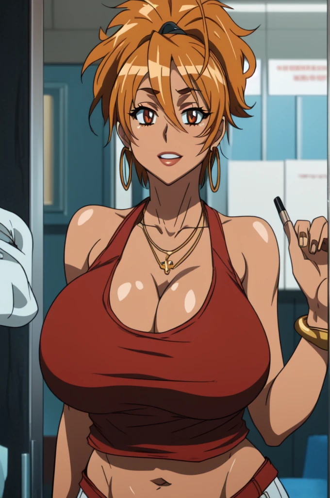 Rei miyamoto,tall body, tall, long legs, mature female, mature, adult, eft_hotd_orange, ((1girl)), ((solo)), orange hair, brown eyes,Big breasts, enormous large breasts, big cleavage, ((loose black tank top with cleavage and open navel)),lowrise jeans,Thick lips,Make up,((Eyeshadow)),red lips,((blue drob bar earring)),((Gold chain necklace)),1girl,Solo,Golden bracelet,curvy figure,Light blush,Half eyes expression,Long messy hair,Gaze on viewer,((dishelved long messy hair)),colored Long nail,in love expression,Black skin  ,Black skin baby,Gaze on viewer,Slicked bang hair,smile