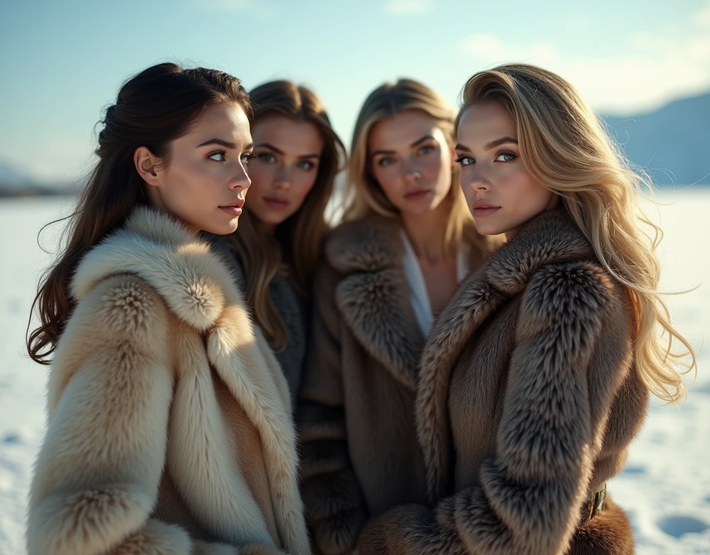 Russian beauties in fur coats。winter。image of being surrounded by 4 women。