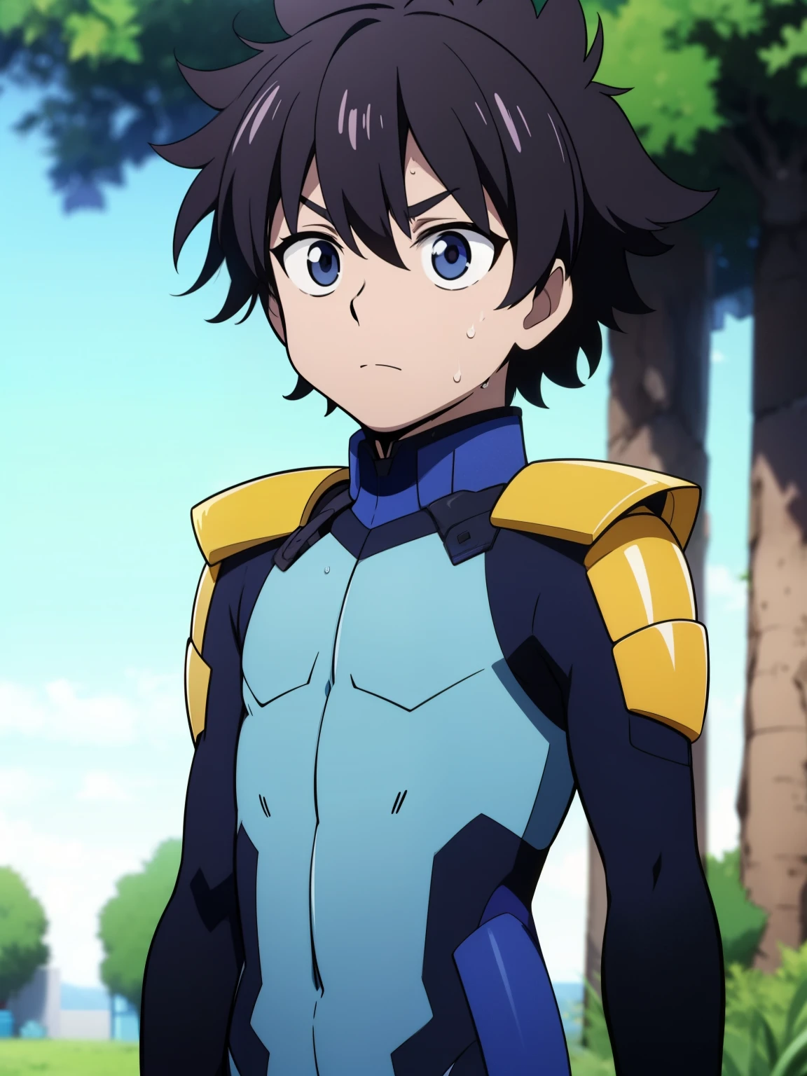 Highres, Masterpiece, Best quality at best,Best Quality,hight quality, hight detailed, 1boy, Shota, messy hair, sweat, upper body, Depth of field, Anime Screencap Style, blue plugsuit, armor, Looks like an innocent boy, Seen from front, look good boy, Cute boy, (very small and short stature), (very young boy), *************** boys, bokeh, Blurry beckground