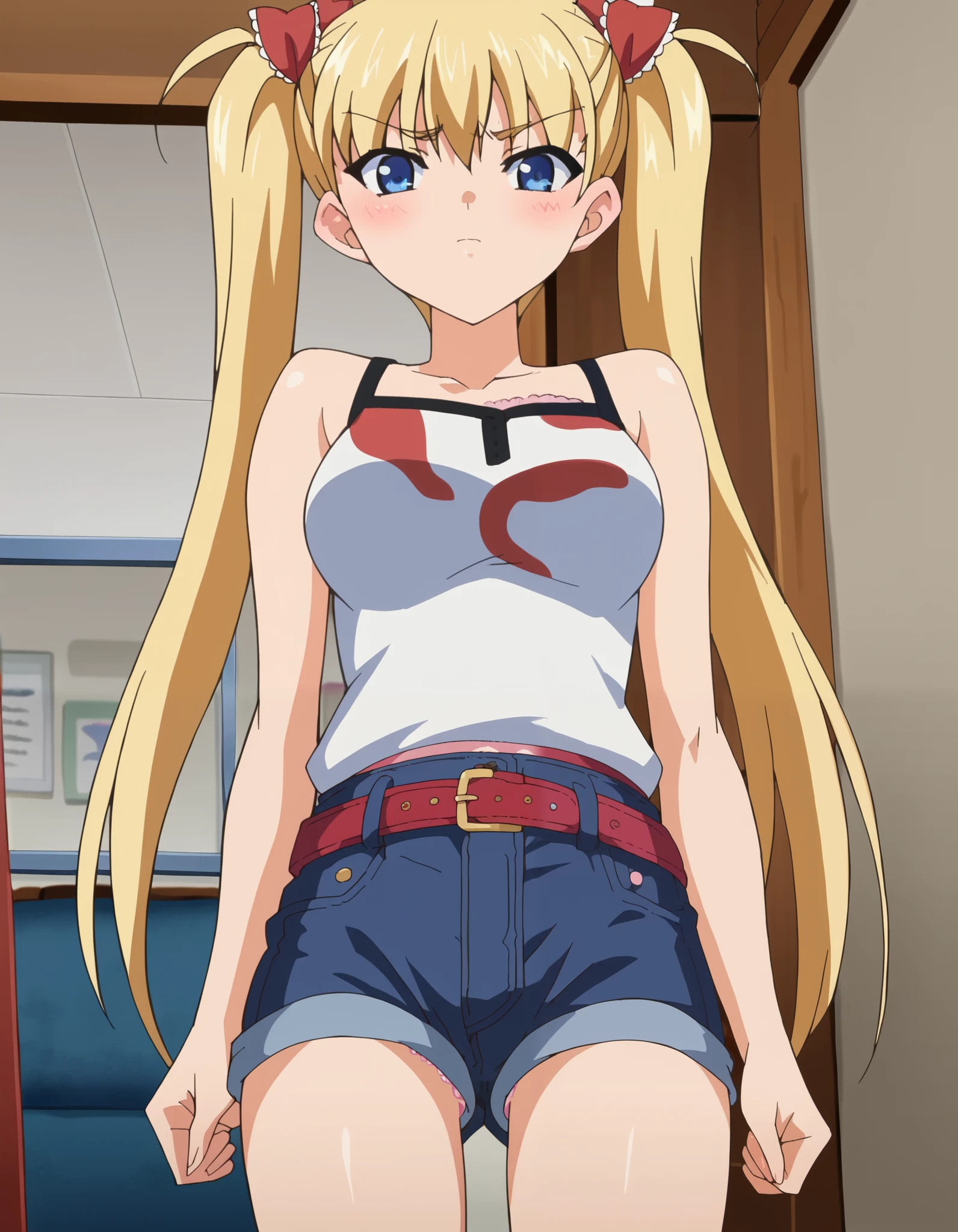 score_9, score_8_up, score_7_up,anime_source, source_anime, anime screencap, Airi, 1girl, belt, belt buckle, blonde hair, blue eyes, blush, buckle, casual, denim, denim shorts, female focus, indoors, long hair, looking at viewer, panties, shorts, solo, standing, twintails, underwear 