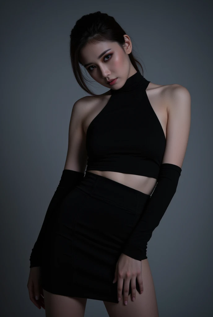 best quality， masterpiece， high resolution，8k，（realistically：1.4），超high resolution，1 girl， Super detailed， Surreal， Very detailed CG illustrations， official art， light， actual， young beautiful girl， Perfect body， Perfect body， Full view， Perfect body， （start from below：1.9）， 的posture， Sexy long legs， confident， Beautiful and sexy， Short dark gray sleeves， open belly， black shorts， S-shaped body， Cocked buttocks，placed in a，posture，Different perspectives，atmospheric distance sense，Look tall and distinguished，Show leg length
