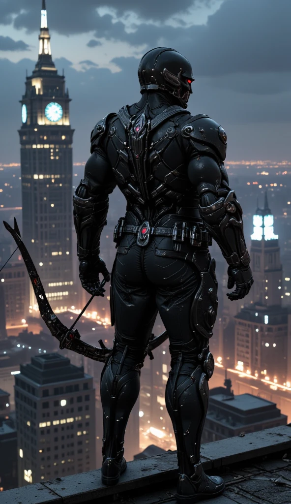  A black leather full-body image 、and a hood, Close-up of a hooded person in invisible armor . wears leather armor,  Tights.epic ninja suit, Rogue.Leather fit to cover the whole body. smooth leather .Boy Teenage Assassin , stealth suit ,  Cyberpunk assassin , stands on the roof of a skyscraper.Handheld composite mechanical giant bow . black night . Dark atmosphere .Low light.Weak lights cast dramatic shadows. Weird cyberpunk atmosphere . cyberpunk city.Futuristic tech style 