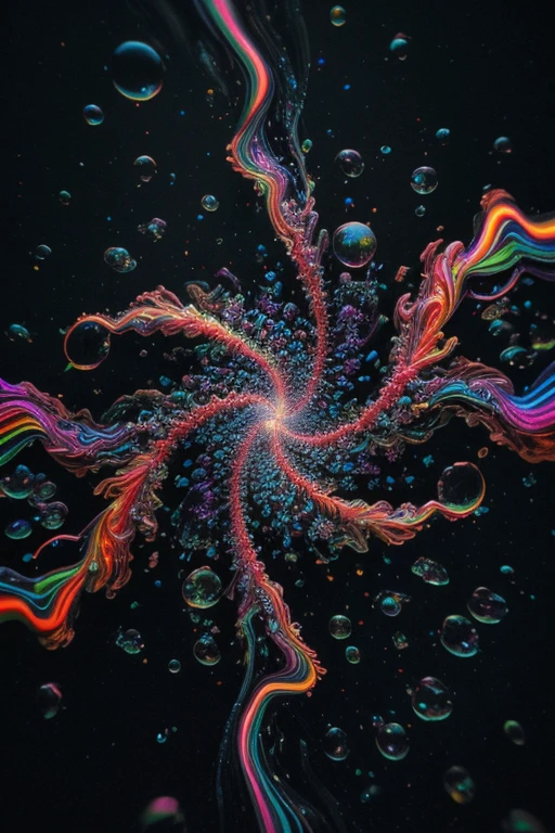 A spiraling vortex of beautiful bubbles of different neon colors swirling over and under each other, LSD, DMT imagery, psychedelic droplets of water, abstract liquid, and intricate rainbow art. octane render, black 3d fluid simulation,ethereal bubbles, swirling multicolored liquids against a pitch black background and highly detailed, octane render, reflective rainbow bubbles, twisted colors inside of glass spheres, Psilocybin Dream inside an amazing image of light emerging from colors in a shimmering glass morphing out of colors, bright neon and fluorescent colors,very bright, vibrant colors, perfectly formed and symmetrical reflective bubbles and spheres, attention to detail with these beautiful bubbles and spheres, Extreme Hallucinations in a gorgeous piece of  psychedelic digital artwork, Stunning, pixel art, tripped out colors, 4d mandelbulb psychedelics, glass like psychedelic landscape, intricate rainbow environment, psychedelic underwater brightness and glow with neon colors, glowing colors twist inside of translucent glass spheres and bubbles with light and color reflecting off of both in bright fluorescent colors, psychedelic trip, fluorescent and neon aesthetic, psychedelic vibrant colors, bright psychedelic paint splattered backgrounds,swirling spirals and vortex, bright vibrant colors popping out from 3d glass spheres, Rotational Symmetry, Pixel Assets, Portrait photography, Surrealism, Photorealistic, Hyperdetailed, Glass Morphism, Digital Art, Sparkle, Optical Illusion, Glowing Light, Reflective Light, Overexposure, Backlighting, Depth Of Field, Spheres and bubbles show perfect Symmetry, UHD, High Details, High Quality, Super Detailed, Full Focus, Awe inspiring,  Breathtaking, Indescribably Beautiful, Heaven sent images, Best Quality, Award Winning, Masterpiece. psychedelic droplets of water, abstract liquid, and intricate, octane render, black 3d fluid simulation,  