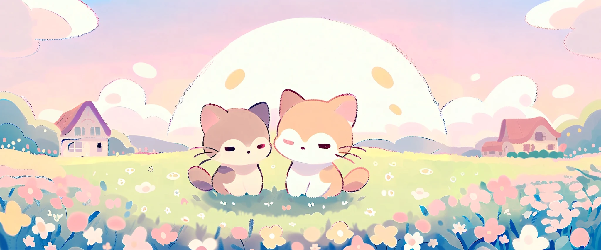 cartoon cat and kittens In a field of flowers with a sky background, Animated visual of cute cats, Kawaii cat, Cute cat, Lovely artwork, sitting In a field of flowers, In a field of flowers, Cute anime, Soft anime illustration, by Eizan This is a gift, Illustration of two cats, Anime cat, background is heavenly，Blue sky and white clouds，landscape ,Scottish folding cat. lakeside, wildflowers, There are houses in the distance. Dreamy