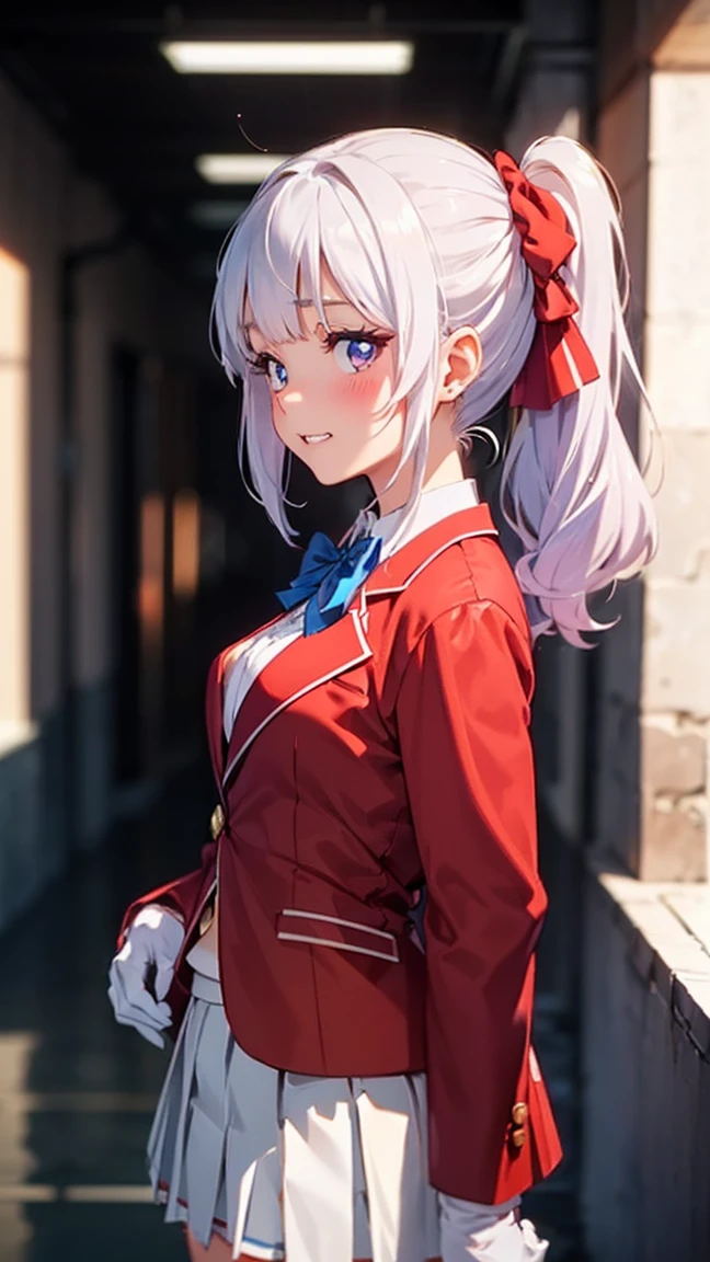 arisu sakayanagi, long hair, bangs, purple eyes, white hair, blunt bangs,, blue scrunchie skirt, shirt, ribbon, uniform, blazer, (((red blazer: 1.5))), pleated skirt, (((white pleated skirt,: 1.5))), bow tie, sweater, (blue ribbon: 1.2), (((light blue shirt: 1.2))), gloves, beret, ------------- (Ecstasy: 1.3), (Embarrassment, blushing: 1.3),--((Side View 1.3))),((Standing in the Middle of a Square 1.3))),((Waiting for Someone 1.3))),((Blushing and Embarrassed Expression 1.3)), miniature human hand, (((medium bust 1.3))), (((thin thighs 1.3))), perfect anatomy, perfect proportions, nice lighting, bright colors, clean lines, information, blurred, stunning facial expression, restless emotions, gorgeous and cute, beautiful face and eyes with every detail, (masterpiece) beautiful face, young and handsome girl, really perfect skin, blurred, facial expression, restless emotions, gorgeous and cute, beautiful face and eyes with every detail, (Audrey Hepburn), (cute), (J-POP idol), (thighs, (depth of field), (depth of detail), soft light, sparkling lens gaze, (droopy eyes)), straight teeth, shy smile, flowing hair,(masterpiece)beautiful face,young and handsome girl,really perfect skin))),stunning facial expression,gorgeous and cute,(Audrey Hepburn),(cute),(J-POP idol),(thighs),(depth)(field),(depth of field),soft light,glittery lens gaze,(droopy eyes),straight teeth,flowing hair,