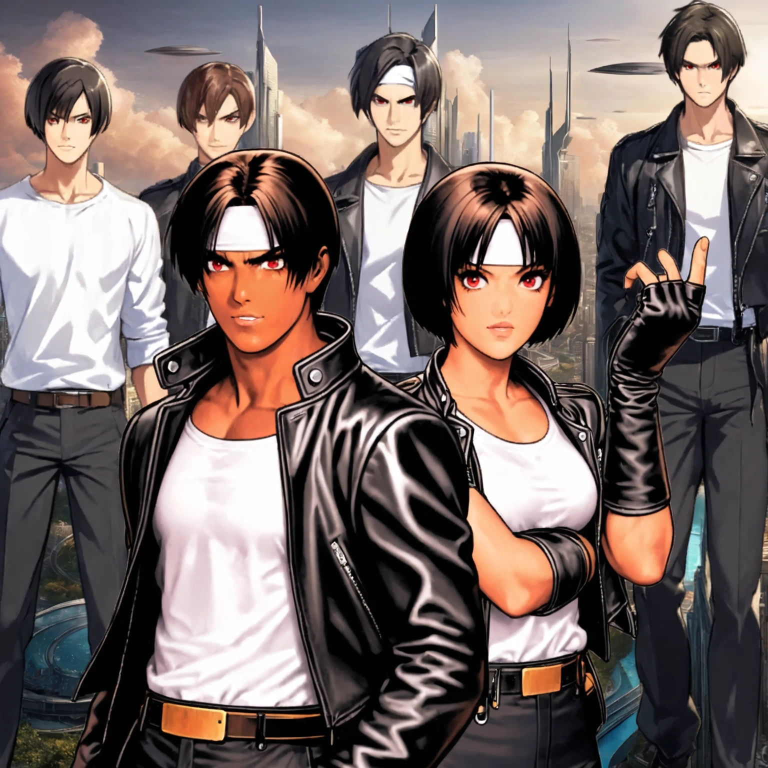 Group animated characters with a city in the background, KOF Style ...