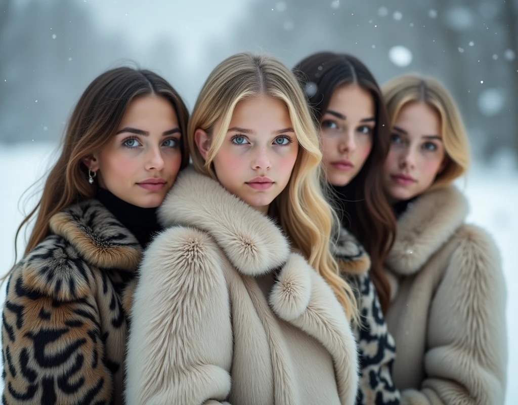 Beautiful Russian girls with blond hair and fur coats。16-year-old girl。winter。image of being surrounded by 4 women。