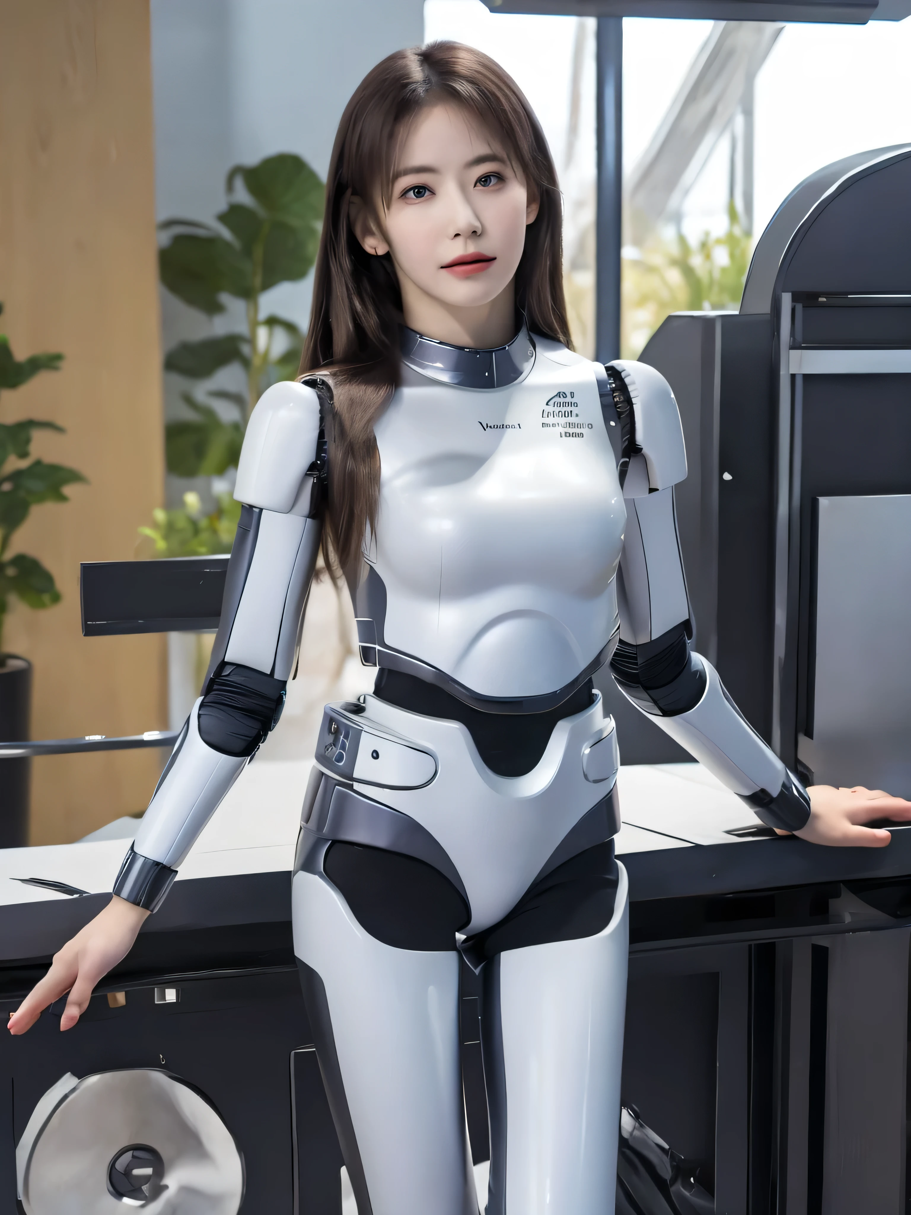 masterpiece, best quality, extremely detailed, (8K, 4K, Best Quality, hight resolution, A high resolution:1.1), 8K portrait,1girl in, Japaese android girl,android teacher,Plump , control panels,android,Droid,Mechanical Hand, ,Robot arms and legs, Black hair,Mechanical body,Blunt bangs,White Robotics Parts,perfect robot woman,Charging spot,Long Tube,A thick cable was connected to her neck,ceramic body ,android,robot humanoid,a bit chubby,panty,full eyes,perfect mechanical body,white robotics body,future assembly plant,white body,She has repaired,black sponge joints,android assembly plant,android,laboratory,perfect machine body,white robot body, body by hrp-4c, face by miyawaki sakura for Lesserafim, blue eyes, body by hrp-4c, face by miyawaki sakura, miyawaki sakura's face, hrp-4c's robot body suit, blue eyes, sharp face shape, 20 years old, perfect nose shape, small nose