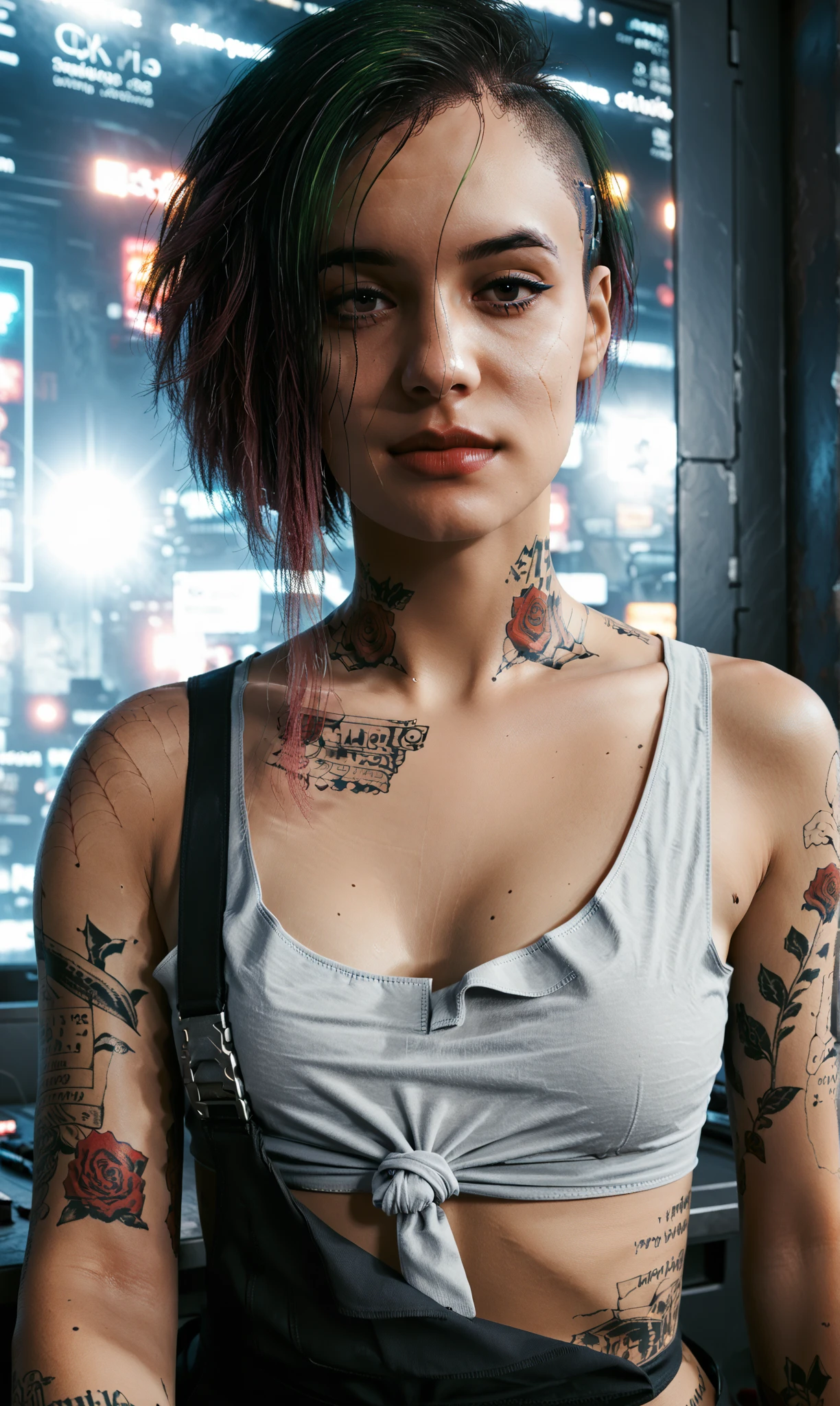 Judy Alvarez, (Judy Alvarez from Cyberpunk 2077), Photo, realism, photorealistic, chiaroscuro lighting, warm color tones, cinematic, dramatic, 8k, masterpiece, (full volume breasts, large breasts), (correct eyes, detailed eyes), (highly detailed face and body, long square nails), (tattoo), (beautiful makeup), (Judy Alvarez is in the SciFi room of Cyberpunk 2077 style), (stying and posing seductively), (alluring expression), (full body)