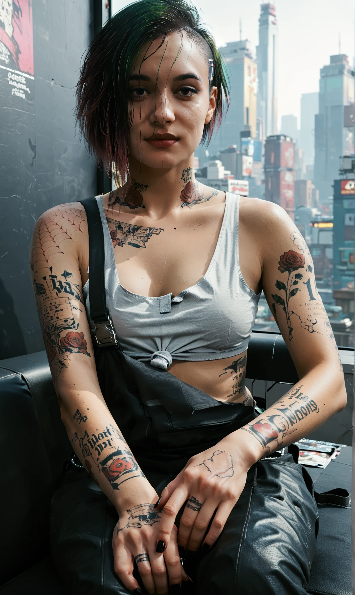 Judy Alvarez, (Judy Alvarez from Cyberpunk 2077), Photo, realism, photorealistic, chiaroscuro lighting, warm color tones, cinematic, dramatic, 8k, masterpiece, (full volume breasts, large breasts), (correct eyes, detailed eyes), (highly detailed face and body, long square nails), (tattoo), (beautiful makeup), (Judy Alvarez is in the SciFi room of Cyberpunk 2077 style), (stying and posing seductively), (alluring expression), (full body)